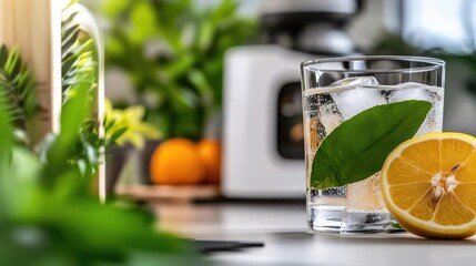 Refreshing citrus infused sparkling water drink served indoors in the daytime