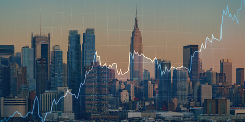 forex chart on cityscape with skyscrapers wallpaper double exposure. financial research concept.