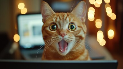 Surprised ginger cat looking at a computer screen with bokeh lights