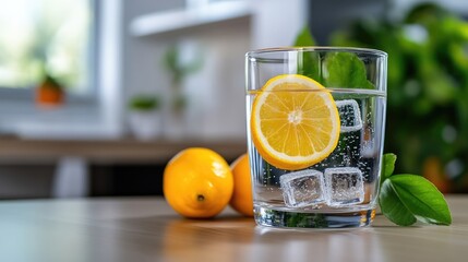 Refreshing Lemon Water in Glass with Ice Cubes on Kitchen Countertop