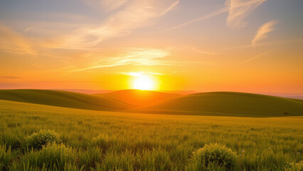 Fototapeta premium Golden Hour Sunset Over Rolling Green Hills