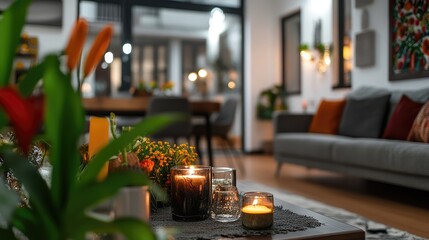 Serene Living Space with Soft Candlelight and Muted Tones Decoration