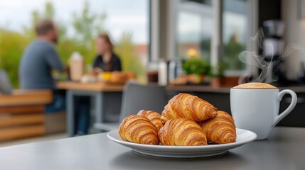Cozy morning: Plate of fresh croissants with aromatic coffee on table