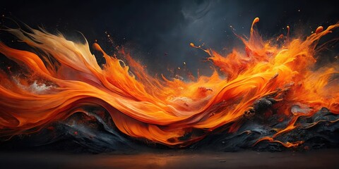 Abstract fiery orange and black waves of molten energy cascading across a dark landscape