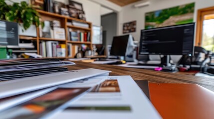 Office desk workspace with technology and documents in natural light setting