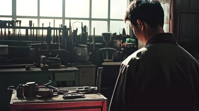 Technician working in old industrial workshop