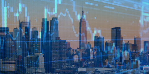 forex chart on cityscape with skyscrapers wallpaper double exposure. financial research concept.