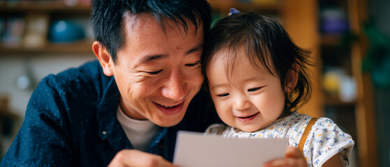 Father and baby girl smiling while looking at a card or photograph indoors