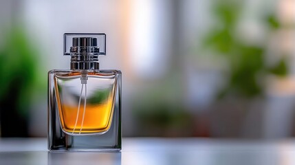 Elegant perfume bottle with golden liquid on a blurred natural background