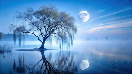 Serene Weeping Willow Reflected in Misty Waters Under a Full Moon's Glow