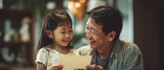 A father and daughter smiling while holding a card in a living room