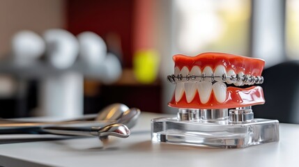 Dental model with braces and instruments showcasing orthodontic treatment concept