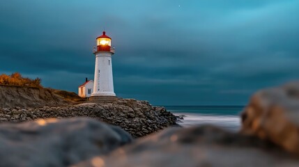 Dramatic Coastal Beacon: Lighthouse Shining Under a Gloomy Evening Sky