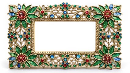 Ornate Decorative Picture Frame with Colorful Gemstone Accents and Intricate Floral Design