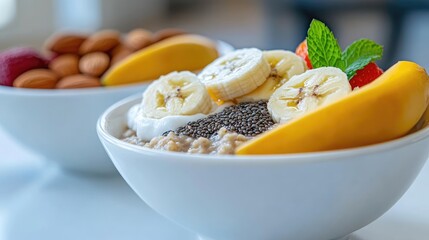 Morning delight: A bowl of nutritious oatmeal with fruits and nuts ensemble