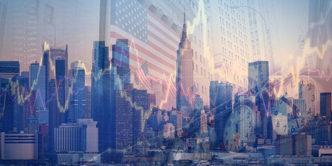 forex chart on cityscape with skyscrapers wallpaper double exposure. financial research concept.