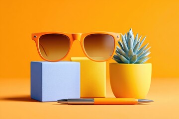 Orange sunglasses, a succulent, and a pen on colorful blocks.