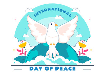 International Peace Day Vector Illustration Featuring Hands, Dove, Globe, and Blue Sky to Promote Prosperity Around the World in a Flat Background
