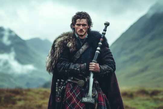 Highland warrior poses with a sword amidst misty highland landscape near bagpipe player, Highlander Picks Up Sword Or Puts It Down Near Bagpipes