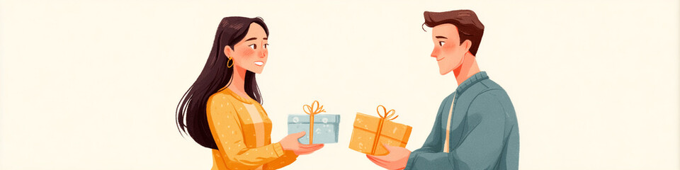 Illustration of a man and woman exchanging gifts with happy expressions