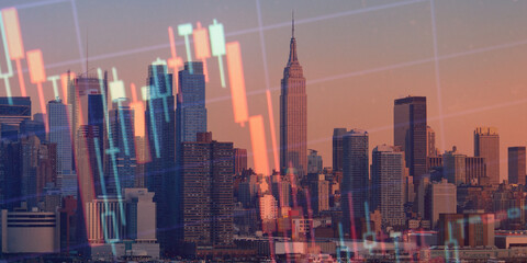 forex chart on cityscape with skyscrapers wallpaper double exposure. financial research concept.