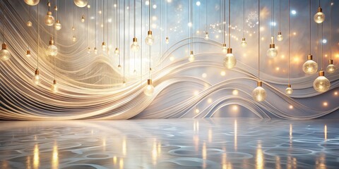 Elegant event space with flowing fabric backdrop and glowing pendant lights