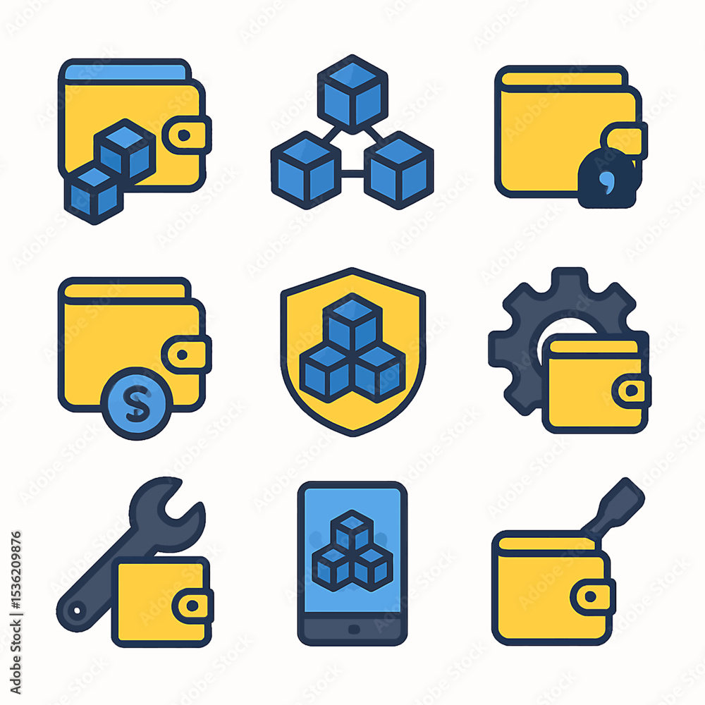 Poster digital wallet icons illustrating security, management, and blockchain integration.