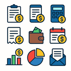 Financial icons depicting accounting, budgeting, and payment processes.