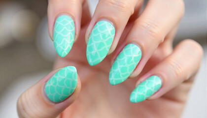 Nail art with mint green scales on stylish hands