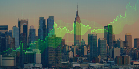 forex chart on cityscape with skyscrapers wallpaper double exposure. financial research concept.