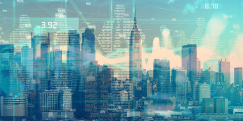 forex chart on cityscape with skyscrapers wallpaper double exposure. financial research concept.