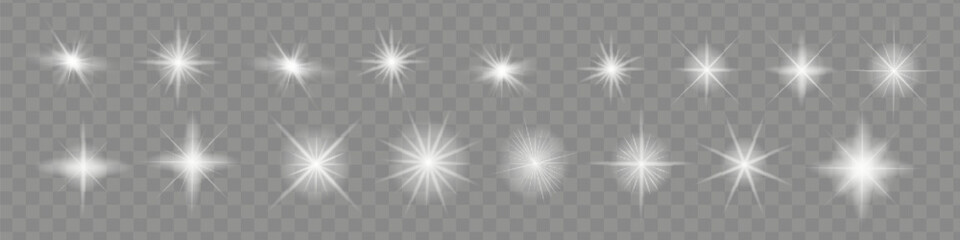 Glow isolated white transparent light effect set, lens flare, explosion, glitter, line, sun flash, spark and stars. Abstract special effect element design