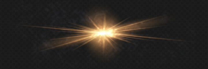 Yellow glowing light explodes on a transparent background. Sparkling magical dust particles. Bright Star. Transparent shining sun, bright flash. Vector sparkles. To center a bright flash.