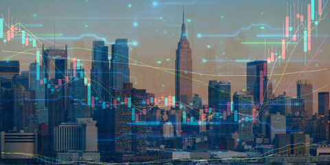 forex chart on cityscape with skyscrapers wallpaper double exposure. financial research concept.