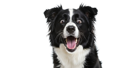Close-up portrait of a Border Collie dog with a surprised, open-mouthed expression against a plain white background.