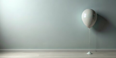 A single pale balloon rests gently on the floor against a tranquil wall, a quiet moment captured in soft light