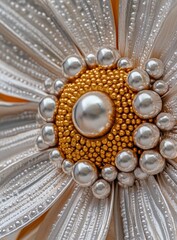 Close-up of a detailed, ornate flower, featuring layered, pearly white petals and a cluster of golden and pearl beads at the center
