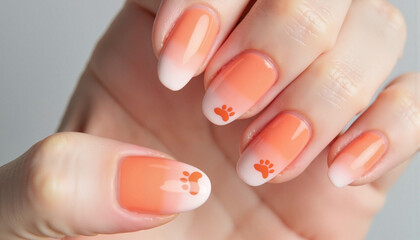 Ombre nails with paw print designs on a hand
