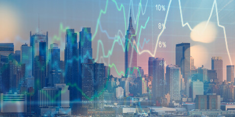 forex chart on cityscape with skyscrapers wallpaper double exposure. financial research concept.