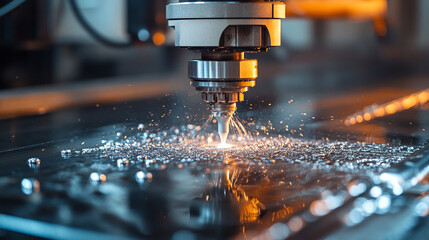Close-up of CNC water jet machine cutting metal, showcasing precision engineering industrial manufacturing and high-tech metal fabrication for automotive and machinery parts.

