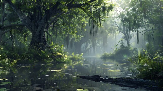 A jungle swamp with mysterious creatures hidden under water


