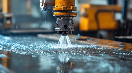 Close-up of CNC water jet machine cutting metal, showcasing precision engineering industrial manufacturing and high-tech metal fabrication for automotive and machinery parts.

