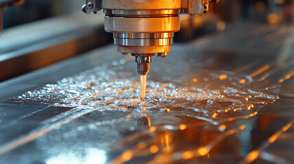 Close-up of CNC water jet machine cutting metal, showcasing precision engineering industrial manufacturing and high-tech metal fabrication for automotive and machinery parts.

