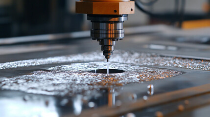 Close-up of CNC water jet machine cutting metal, showcasing precision engineering industrial manufacturing and high-tech metal fabrication for automotive and machinery parts.

