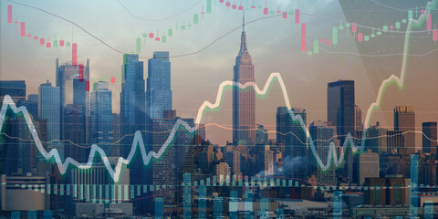 forex chart on cityscape with skyscrapers wallpaper double exposure. financial research concept.