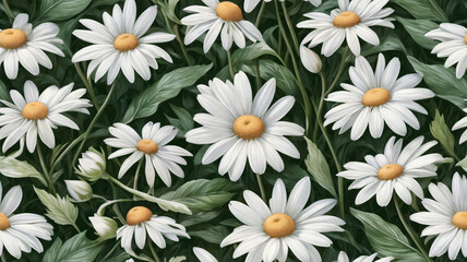 Fototapeta premium A beautifully arranged seamless daisy pattern with bright white petals and soft green foliage — ideal for spring-themed prints, fabric designs, or decorative backdrops.
