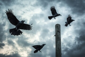 Ravens performing acrobatic flight maneuvers around a pole on a stormy day, Ravens flying acrobatically over a pole on stormy day