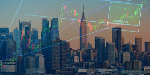 forex chart on cityscape with skyscrapers wallpaper double exposure. financial research concept.
