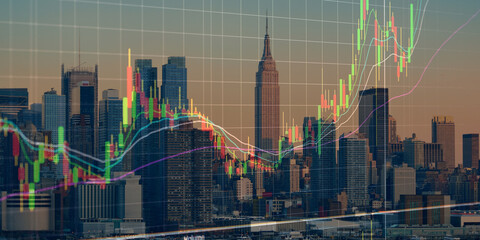 forex chart on cityscape with skyscrapers wallpaper double exposure. financial research concept.