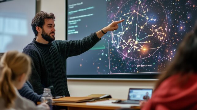 An engaging lecture on cosmic wonders. The instructor highlights celestial patterns and phenomena. Students eagerly participate in learning. Generative AI